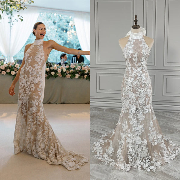 Elegant Halter Neck Beaded Lace Mermaid Wedding Dress Sweep Train Gown Women